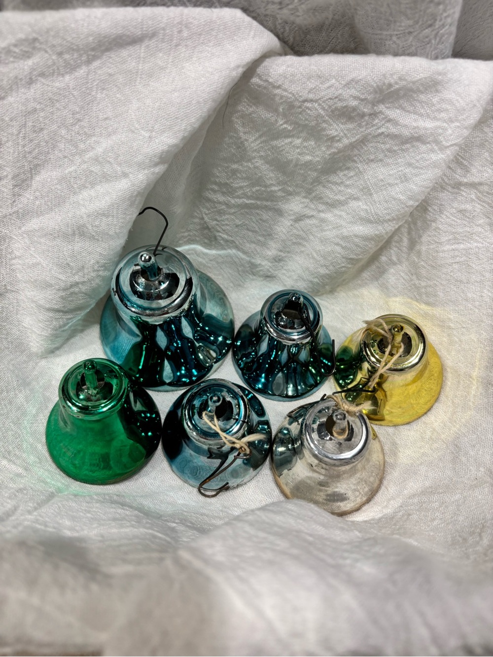 Vintage Plastic Bell Ornaments - Mixed Teal, Green, Silver, Yellow